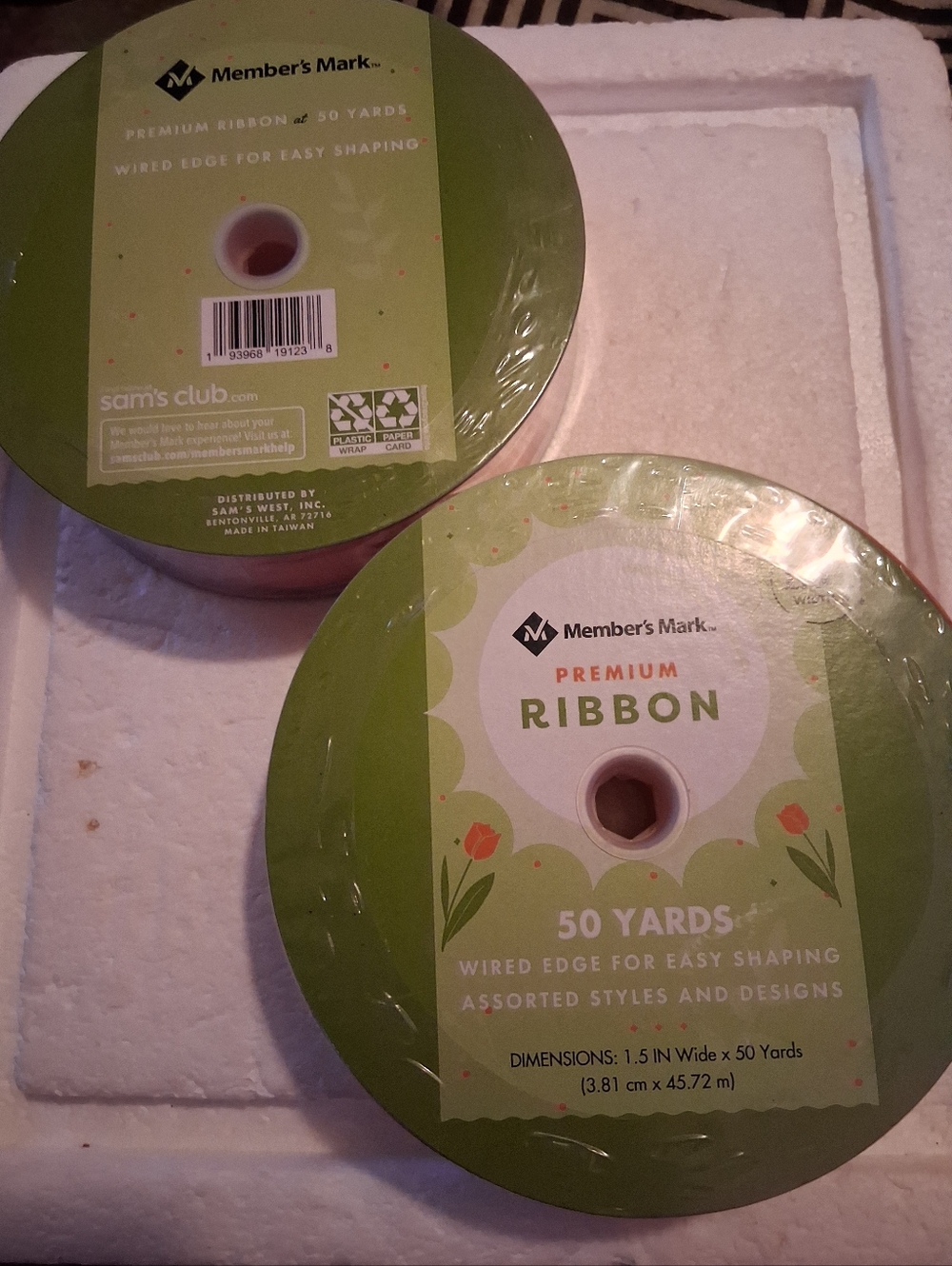 2 PACK -Members Mark Premium Ribbon, 50 Yards, Wired Edge, 1.5 In Width, Coral